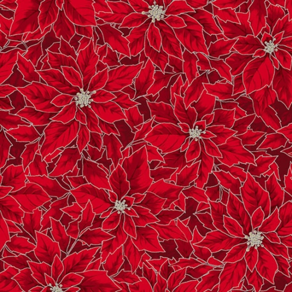 Holiday Wishes –Hoffman Fabrics Holiday Elegance Crimson/Silver Poinsettias fabric V7172 10 Silver