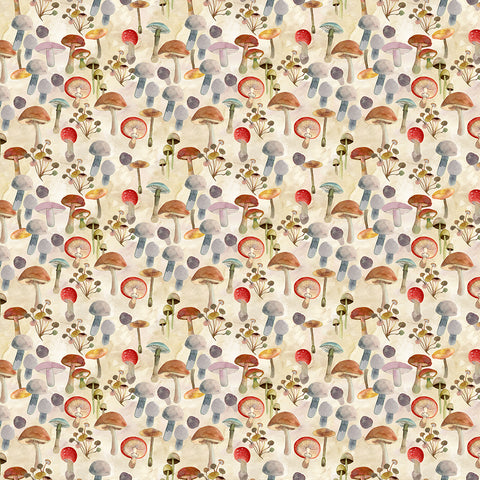 Wild Wonder Watercolour Mushrooms Butter Fabric by Sue Zipkin for Clothworks Y4079 59